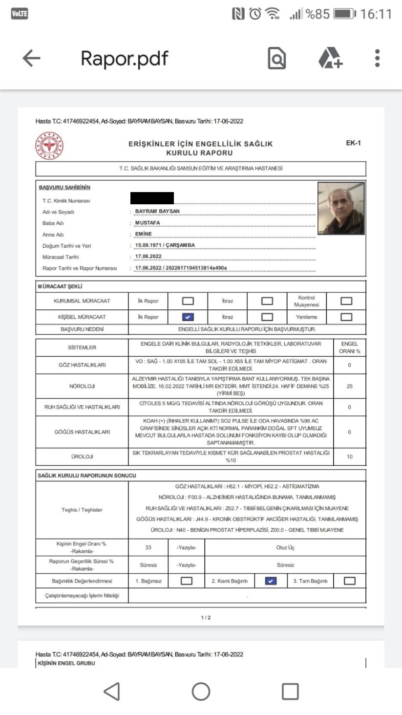 Samsun'da yatağa bağımlı demanslı hastaya 'Engelli Raporu' verilmedi!