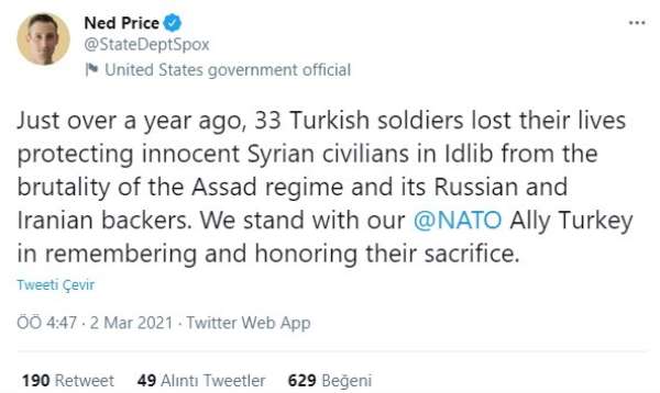 ABD Dışişleri Bakanlığı Sözcüsü Price, İdlib'de şehit düşen 33 Türk askerini andı 