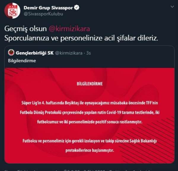 Sivasspor'dan Gençlerbirliği'ne geçmiş olsun mesajı 