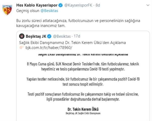 Kayserispor'dan Beşiktaş'a geçmiş olsun mesajı