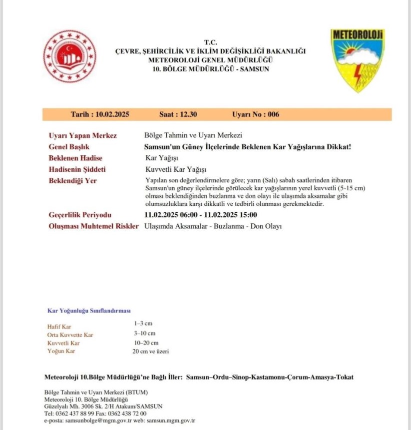 Samsun'da kuvvetli kar yağışı uyarısı: Güney ilçelerine dikkat