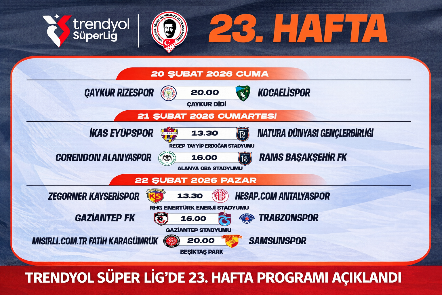 Trendyol Süper Lig'de 23 hafta programı açıklandı