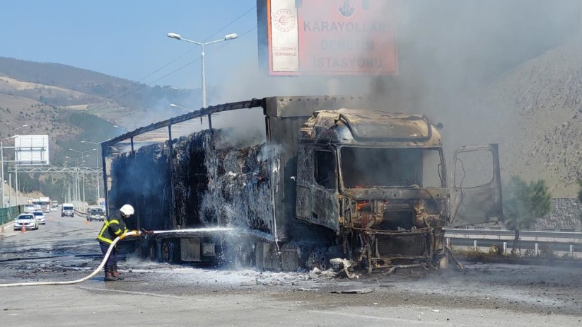 Samsun'da karton yüklü tır, Karayolları Denetleme İstasyonu'nda alevlere teslim oldu