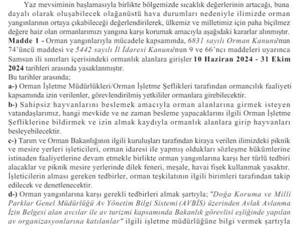 Samsun'da ormanlık alanlara girişler yasaklandı
