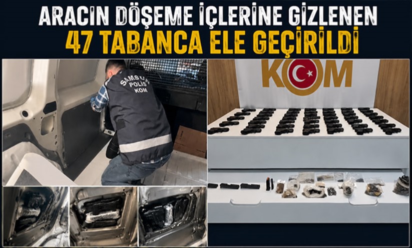 Aracın döşeme içlerine gizlenen 47 tabanca ele geçirildi