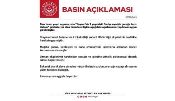 Aile ve Sosyal Hizmetler Bakanlığı'ndan Kayseri'deki taciz iddialarına ilişkin açıklama