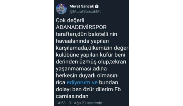 Adana Demirspor Başkanı Murat Sancak, Fenerbahçe'den özür diledi