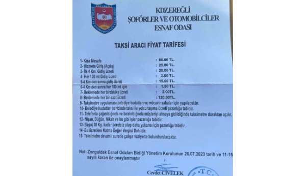 Kdz.Ereğli'de taksi ücretlerine zam geldi