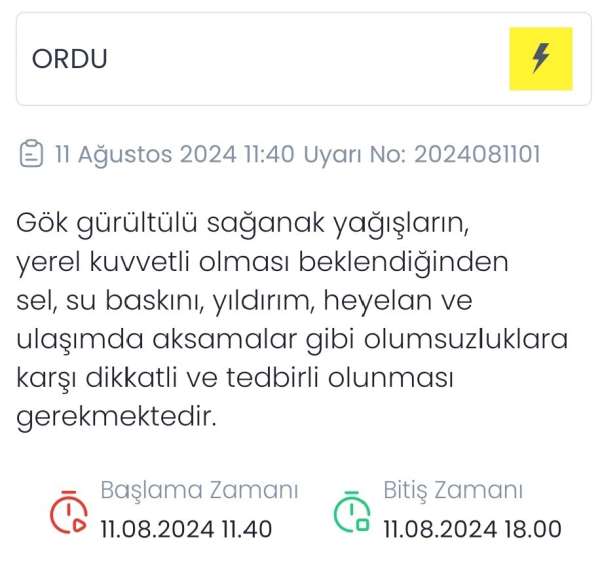 Meteoroloji'den Ordu için sarı uyarı