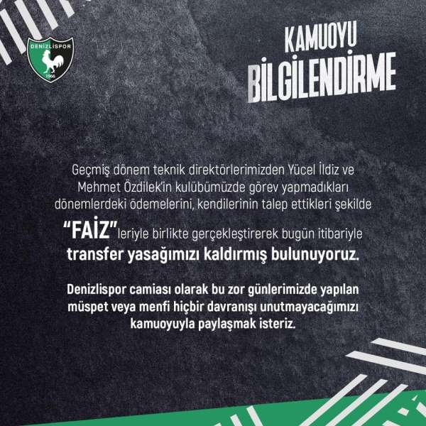 Denizlispor'un transfer yasağı sona erdi