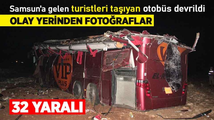 Samsun'a gelen turistleri taşıyan otobüs devrildi: Olay yerinden fotoğraflar