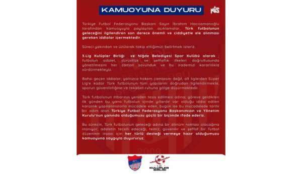 Niğde Belediyespor'dan TFF'ye destek