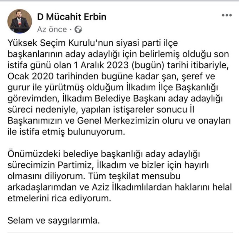 Samsun'da AK Parti İlkadım İlçe Başkanı Mücahit Erbin istifa etti