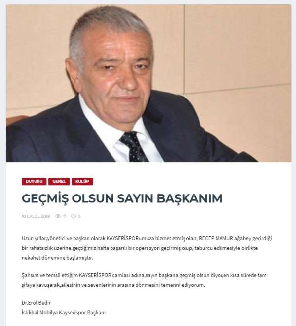 Kayserispor Başkanı Erol Bedir, Mamur için mesaj yayınladı 