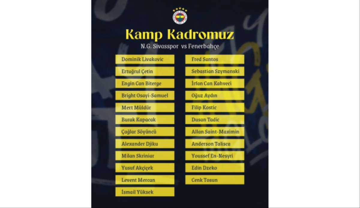 Fenerbahçe'nin, Sivasspor maçı kamp kadrosu açıklandı