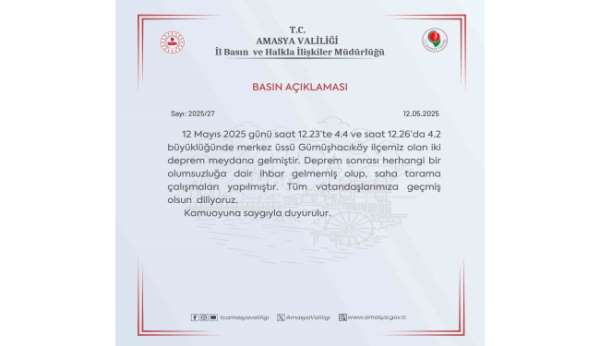 Amasya Valiliği: 'Deprem sonrası herhangi bir olumsuzluğa dair ihbar gelmedi'