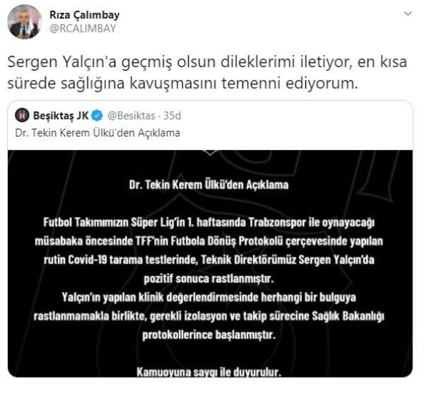 Rıza Çalımbay'dan Sergen Yalçın'a geçmiş olsun mesajı