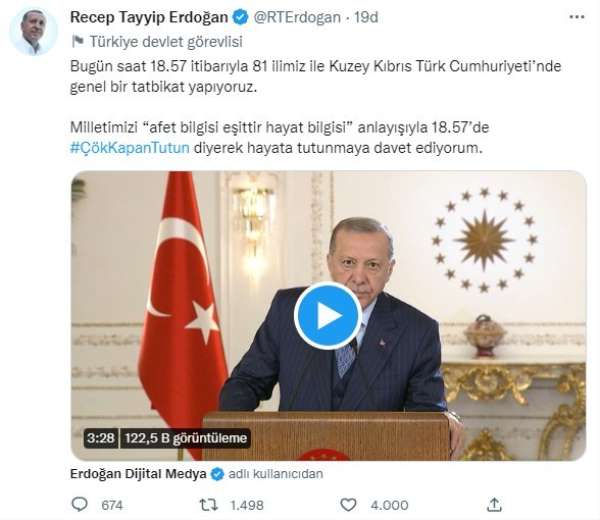 Cumhurbaşkanı Erdoğan: 'Deprem tatbikatına ayıracağımız birkaç dakikayla ömrümüze ömür katacak bir deneyim kaz