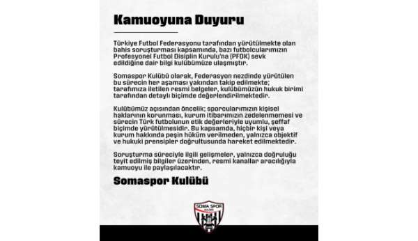 Somaspor'dan, PFDK'ya sevk edilen futbolcularıyla ilgili açıklama