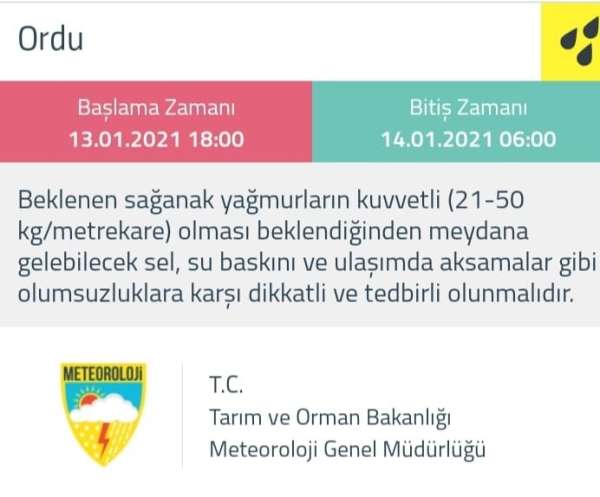 Meteorolojiden Ordu için 'sarı' uyarı