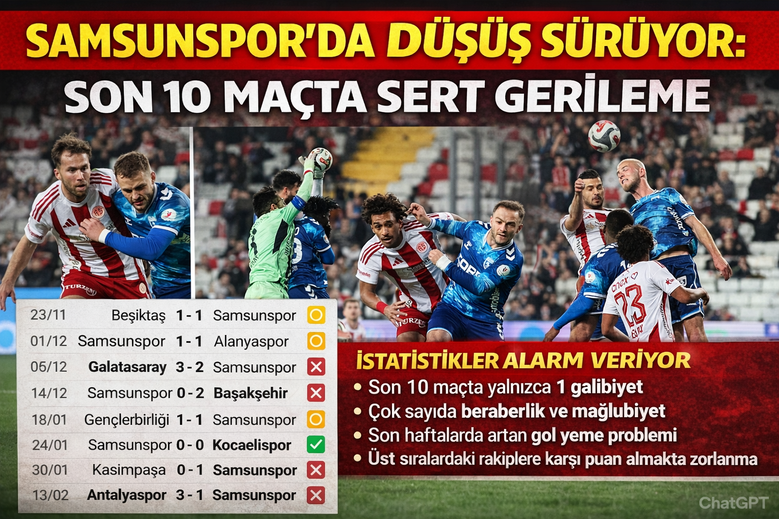 Samsunspor'da Düşüş Sürüyor: Son 10 Maçta Sert Gerileme
