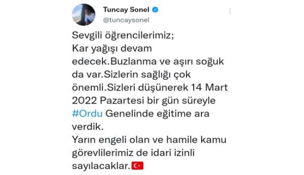 Vali Sonel duyurdu: Ordu genelinde eğitime bir gün ara verildi