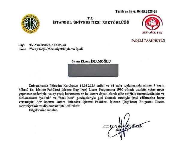 İmamoğlu'nun diplomasının iptali İstanbul Üniversitesi tarafından tebliğ edildi