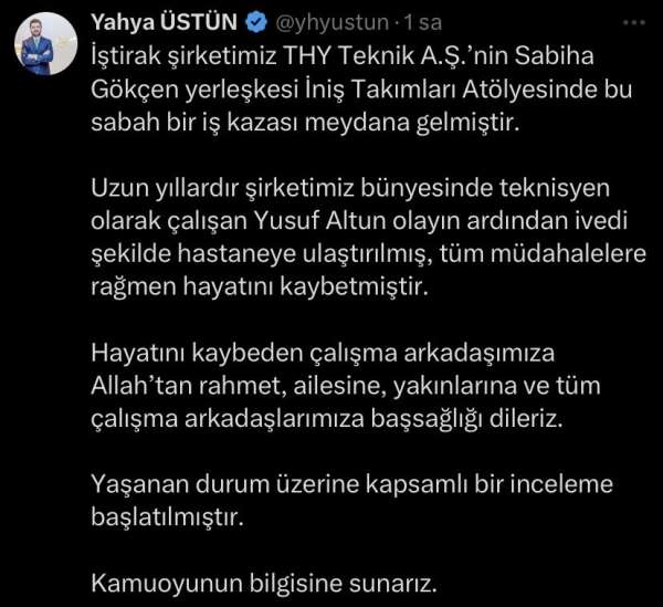 THY İletişim Başkanı Yahya Üstün'den 'iş kazası' açıklaması