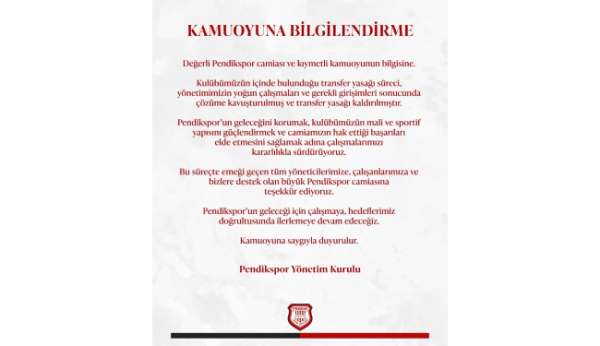 Pendikspor'un transfer yasağı kaldırıldı