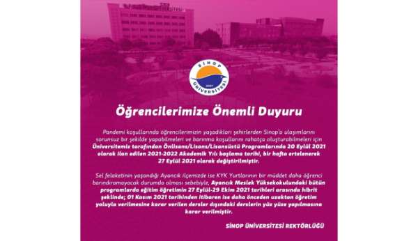 Sinop Üniversitesi'nde yüz yüze eğitim ertelendi