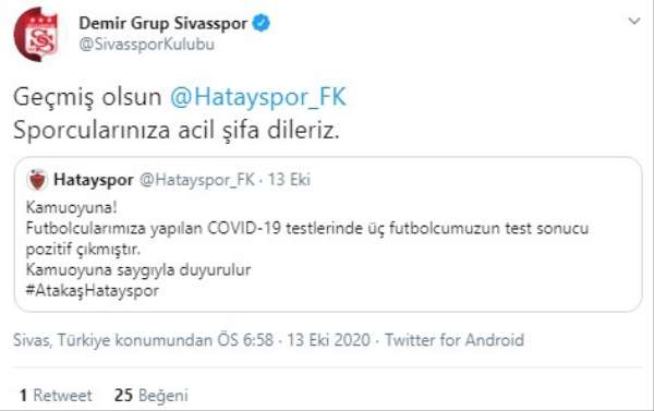 Sivasspor'dan Hastayspor'a geçmiş olsun mesajı 