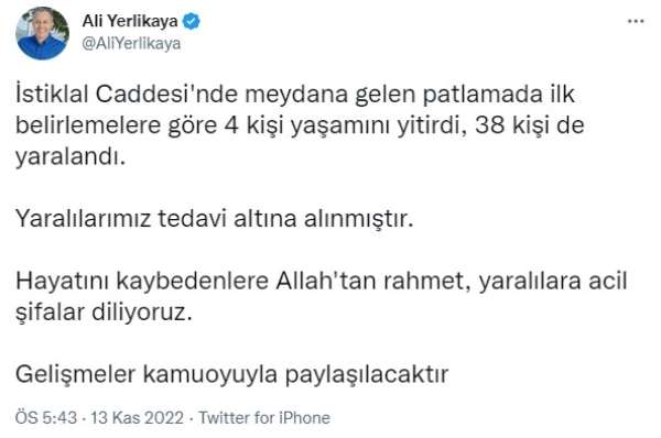 Vali Yerlikaya: '(Taksim'de patlama) 4 kişi yaşamını yitirdi, 38 kişi yaralandı'