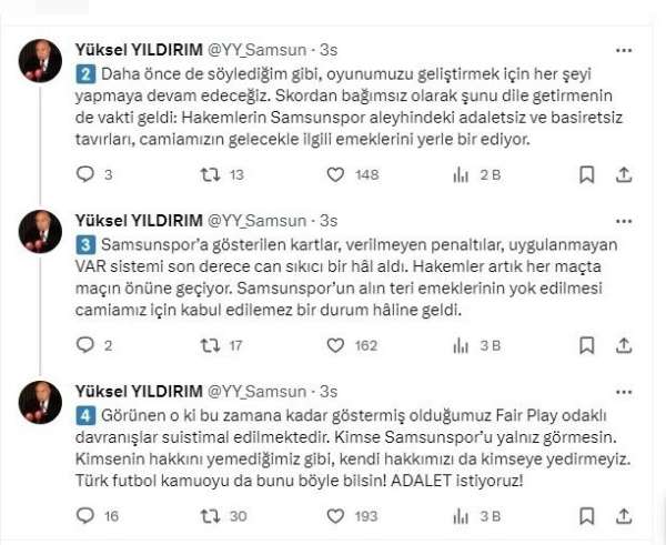 Y. Samsunspor'dan sert açıklama: 'Hakem hatalarının devam etmesi durumunda, emeklerimizin gölgede bırakılmasın