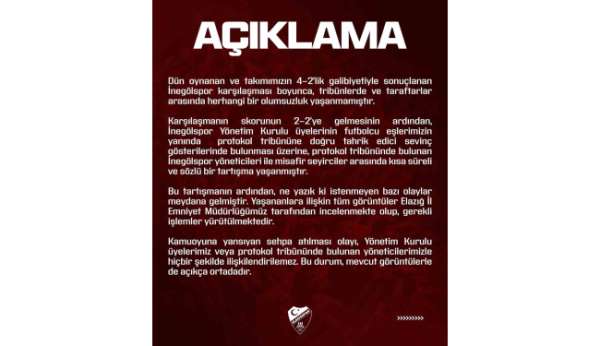 Elazığspor'dan olaylara ilişkin açıklama