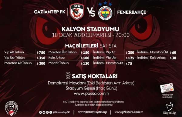 Gaziantep FK - Fenerbahçe maçı bilet satışları devam ediyor 