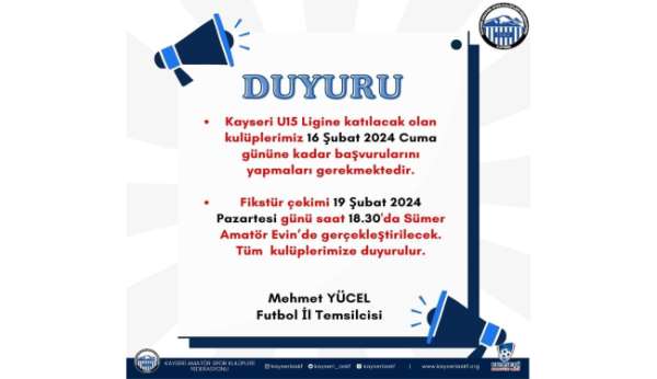 Kayseri U-15 Ligi fikstürü 19 Şubat'ta çekilecek