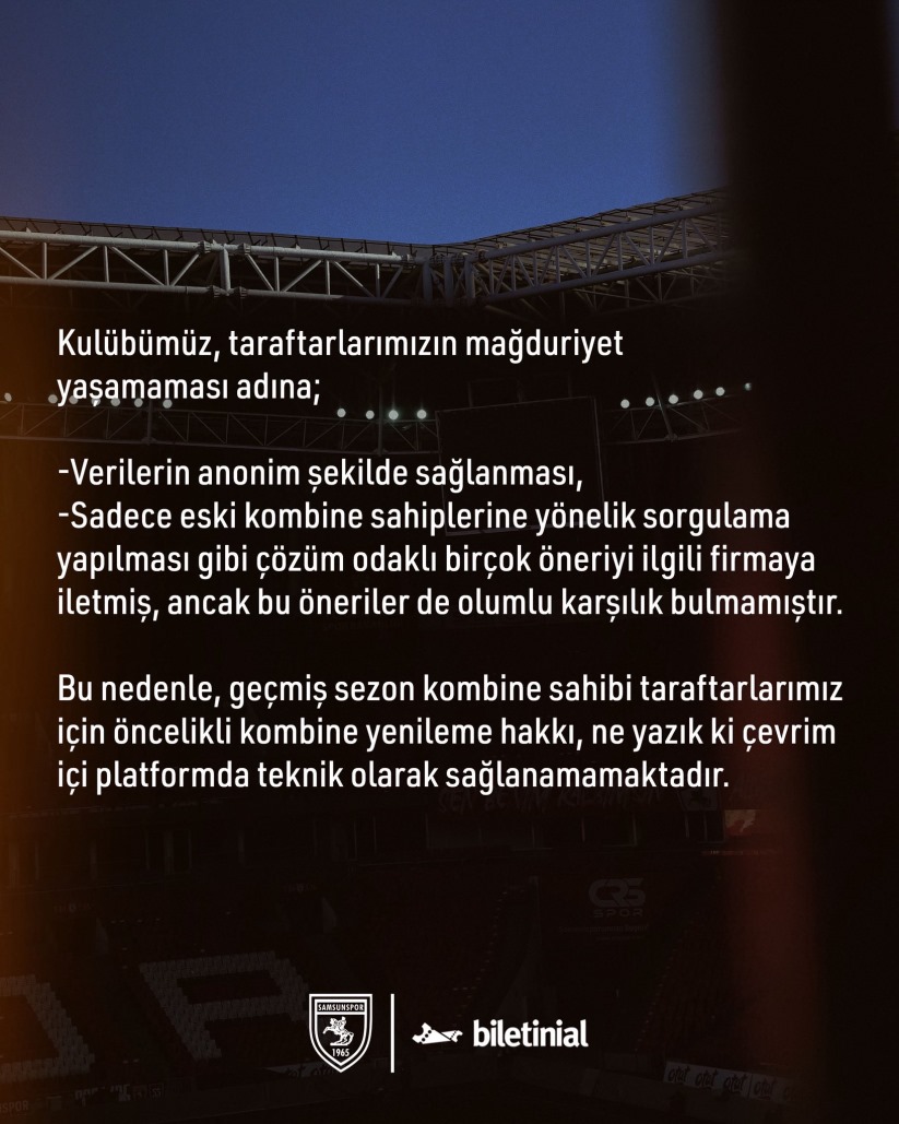 Samsunspor'dan kombine satışları hakkında bilgilendirme