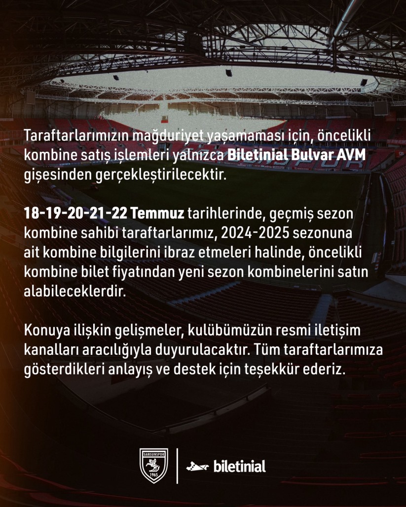 Samsunspor'dan kombine satışları hakkında bilgilendirme