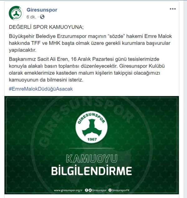 Giresunspor'dan Emre Malok açıklaması 