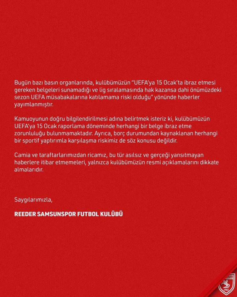 Samsunspor Kulübü: 'UEFA'ya 15 Ocak için belge ibraz etme zorunluluğumuz yoktur'