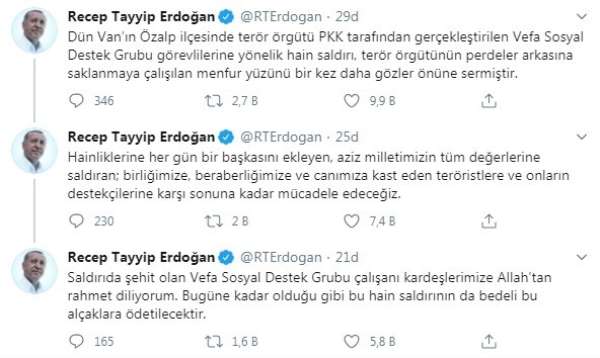 Cumhurbaşkanı Erdoğan:'Hain saldırının bedeli bu alçaklara ödetilecektir' 