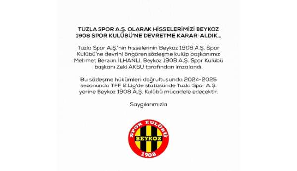 Tuzlaspor, hisselerini Beykoz 1908 SK'ya devrettiğini açıkladı