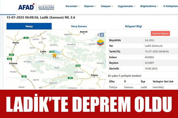Samsun Ladik'te 3.6 büyüklüğünde deprem