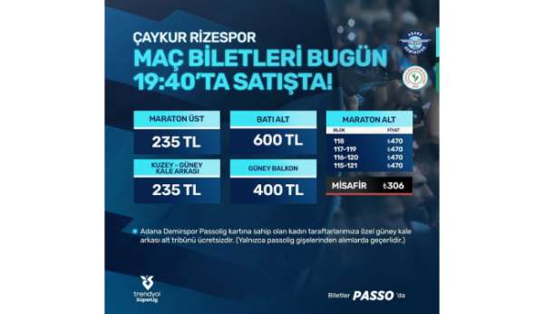 Adana Demirspor - Çaykur Rizespor maçının biletleri satışa çıktı