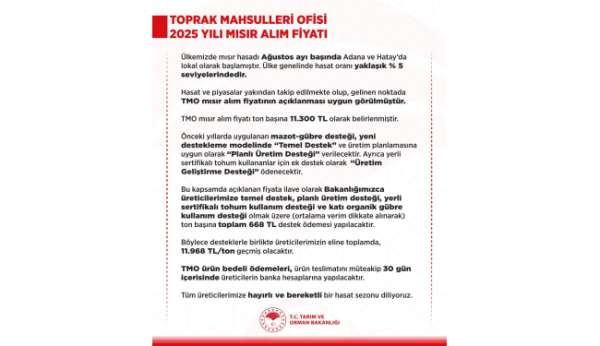 Toprak Mahsulleri Ofisi 2025 yılı mısır alım fiyatları belirlendi