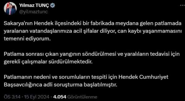 Adalet Bakanı Tunç: 'Patlamanın sebebi ve sorumluların tespiti için adli soruşturma başlatılmıştır'