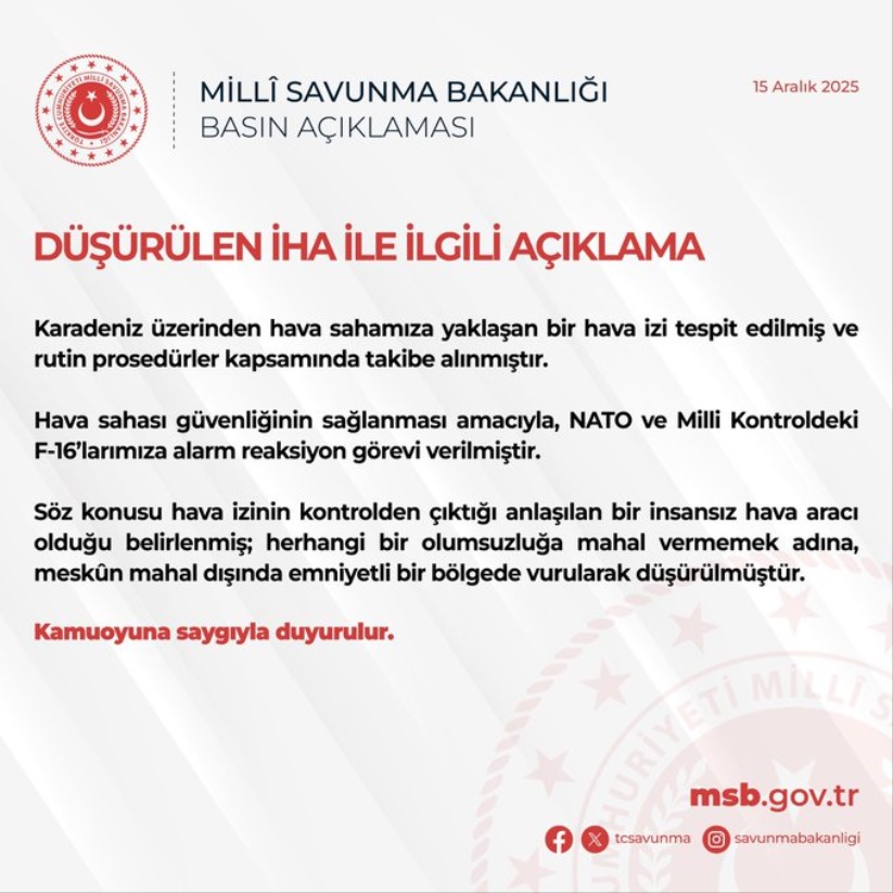 MSB: 'Karadeniz'de bir insansız hava aracı F-16'larımız tarafından düşürüldü'