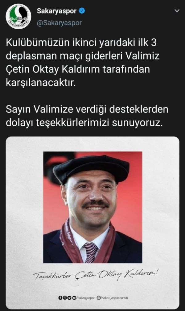 Vali Kaldırım'dan Sakaryaspor'a deplasman desteği