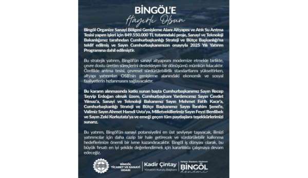 Bingöl OSB Genişleme ve Altyapı Projesine 849 milyon liralık yatırım onayı