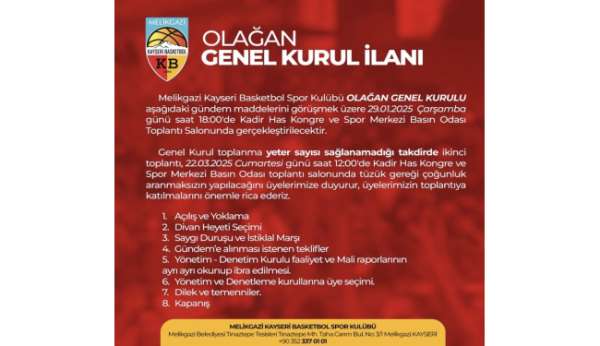 Melikgazi Kayseri Basketbol genel kurul yapılacak